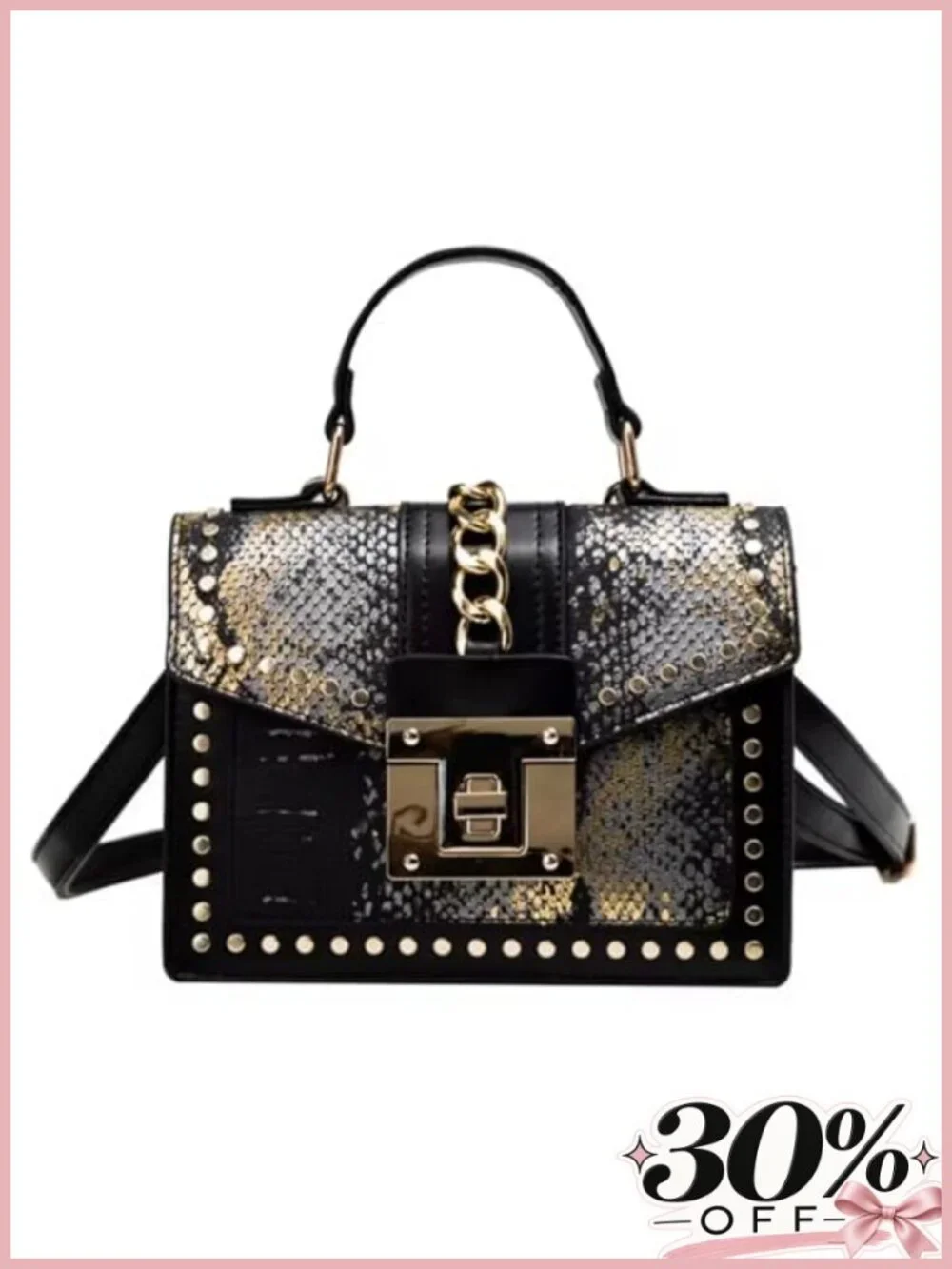 Snakeskin Print Crossbody Bag Faux Leather Small Purse with Gold Chain